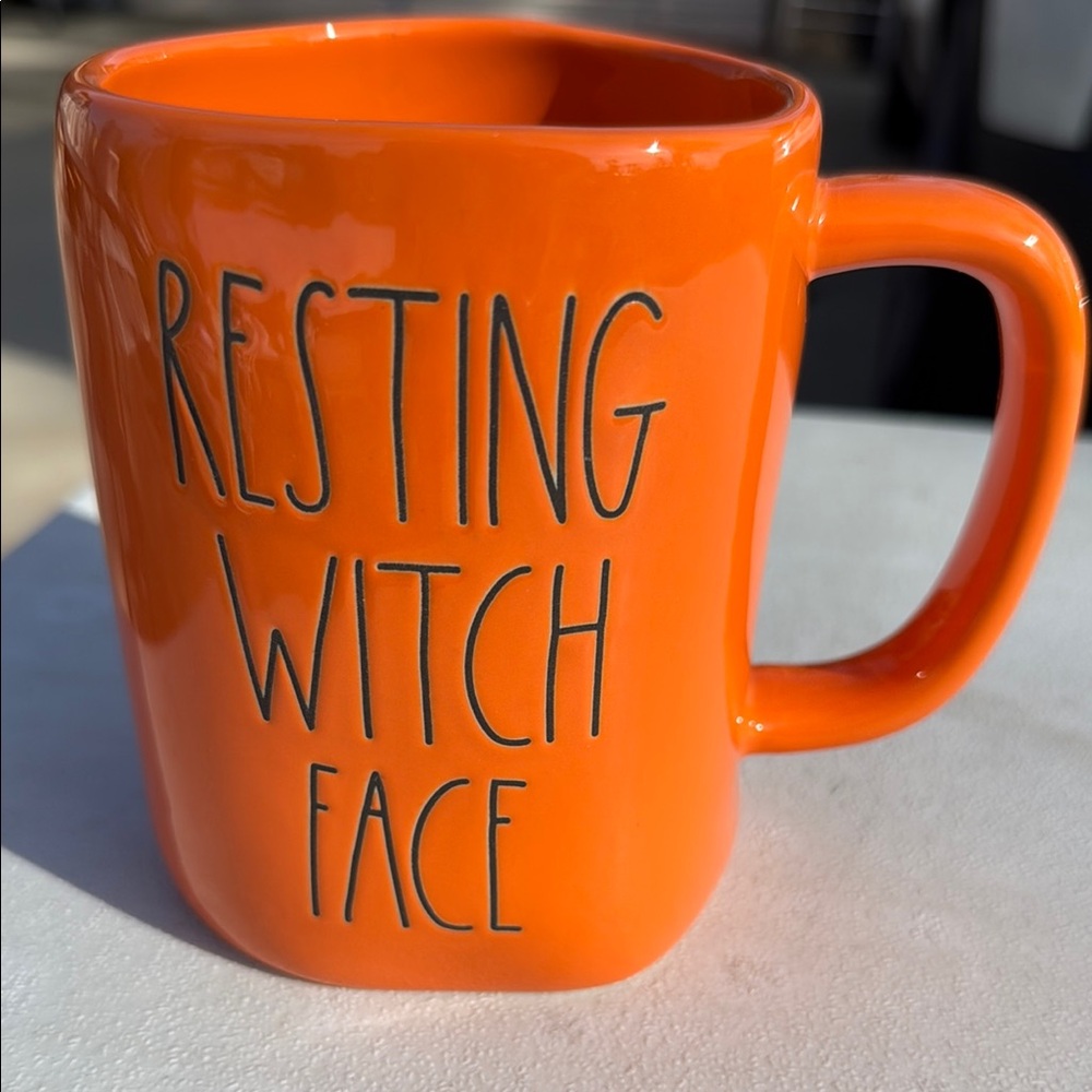 Glossy orange mug with 'Resting Witch Face' Rae Dunn NWT